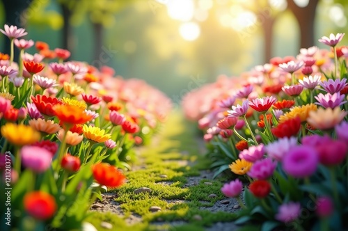 Vibrant flowers in a serene garden setting