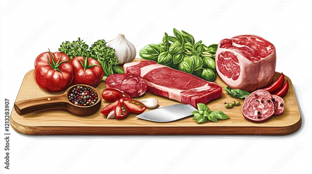 Fresh food ingredients being cut with knife on wooden cutting board in vector illustration