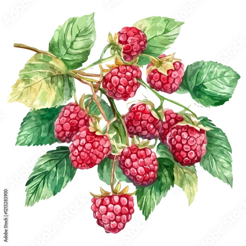 Raspberry Bush with Fruit – Artistic Watercolor Illustration, Botanical Fruit Bush Painting, Lush Nature-Inspired Artwork, Hand-Painted Berry Plant Design, Vibrant Watercolor Botanical Scene
