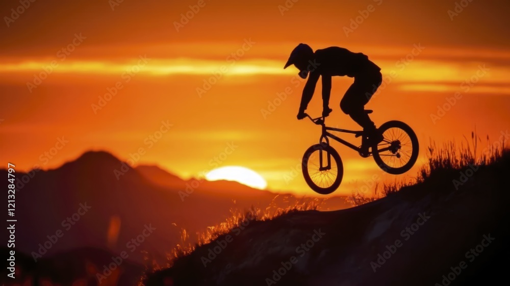 Bmx rider silhouette jumping at sunset with dramatic glowing background Bmx rider silhouette jumping at sunset with dramatic glowing background