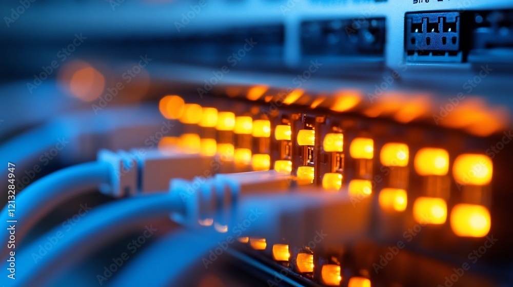 Network switch lights data center glowing cables Network switch lights data center glowing cables
