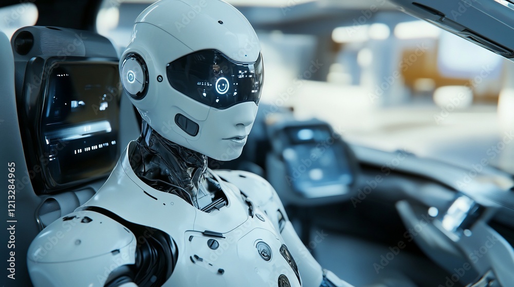 Robot driving futuristic car, showroom background, AI technology Robot driving futuristic car, showroom background, AI technology