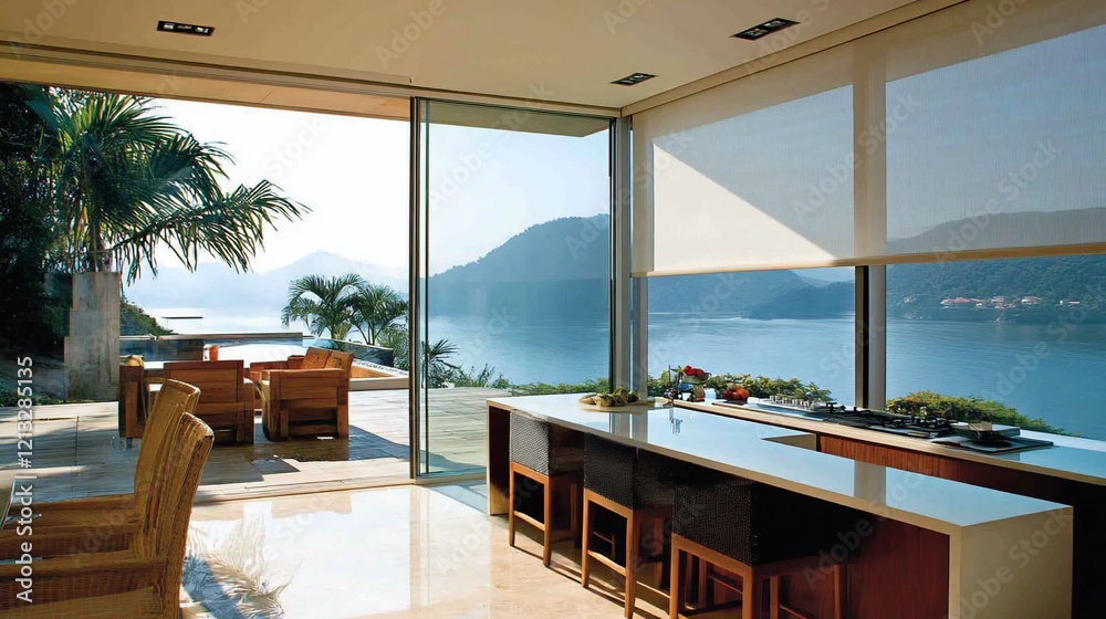 Fototapeta premium Modern kitchen, sunrise view, roller shades, waterfront villa, luxury home design