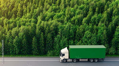 Ecofriendly truck icon on forest background, clean energy logistics, green transport concept for achieving net zero carbon emissions photo