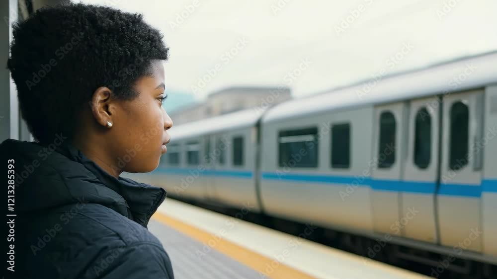African American Woman Watching a Train Pass By at Station Platform. Concept of Travel, Commuting, Urban Transportation, waiting, deportation