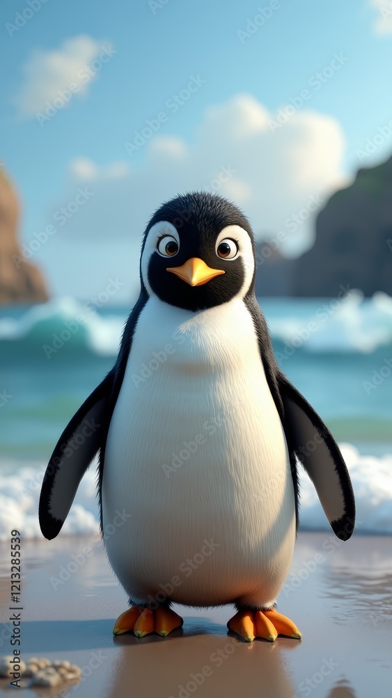 Naklejka premium A cartoon penguin stands on a beach, its flippers at its sides, with a sunny day and blue sky in the background