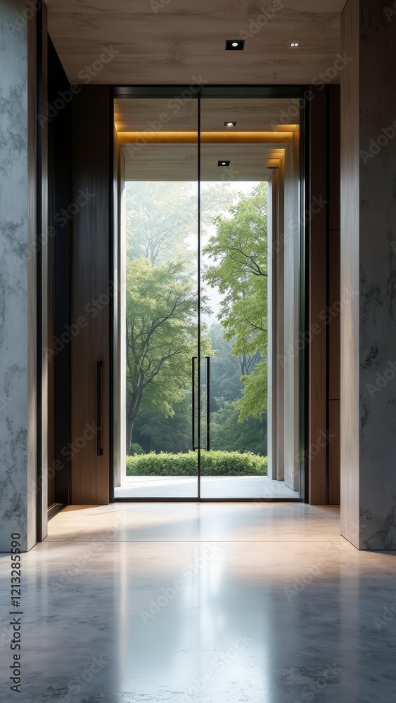 Fototapeta premium A sleek glass door leads to a serene garden, inviting a sense of calm and connection with nature