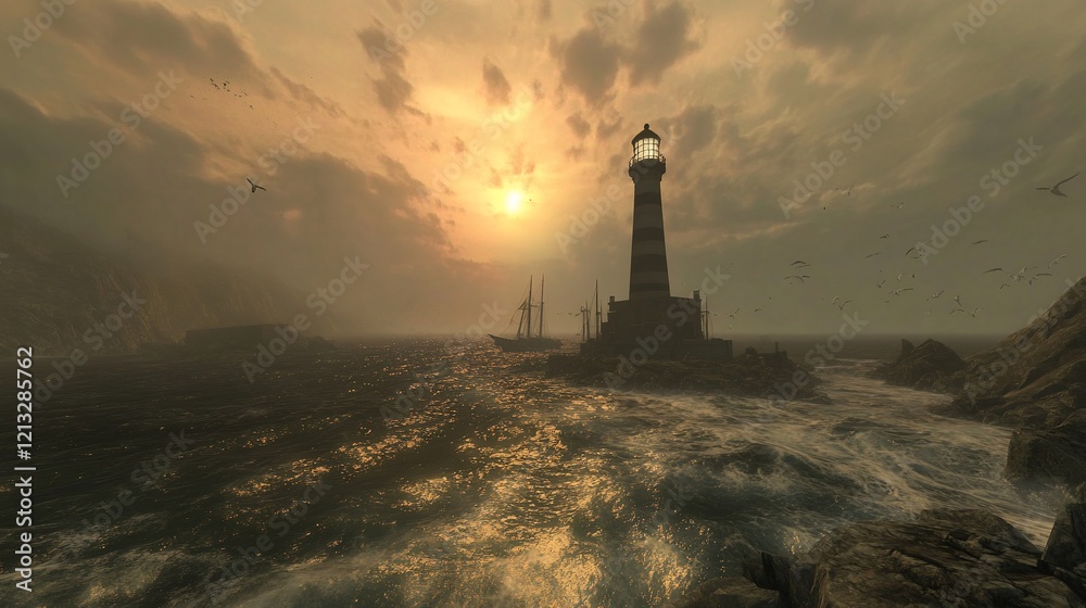 Fototapeta premium Coastal lighthouse sunset; stormy sea, ships, birds