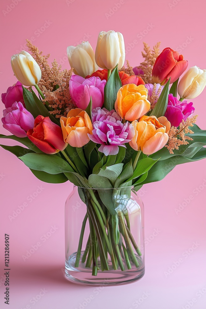 Fototapeta premium A cheerful bouquet of tulips in pink, orange, and yellow with green accents in a tall glass vase.
