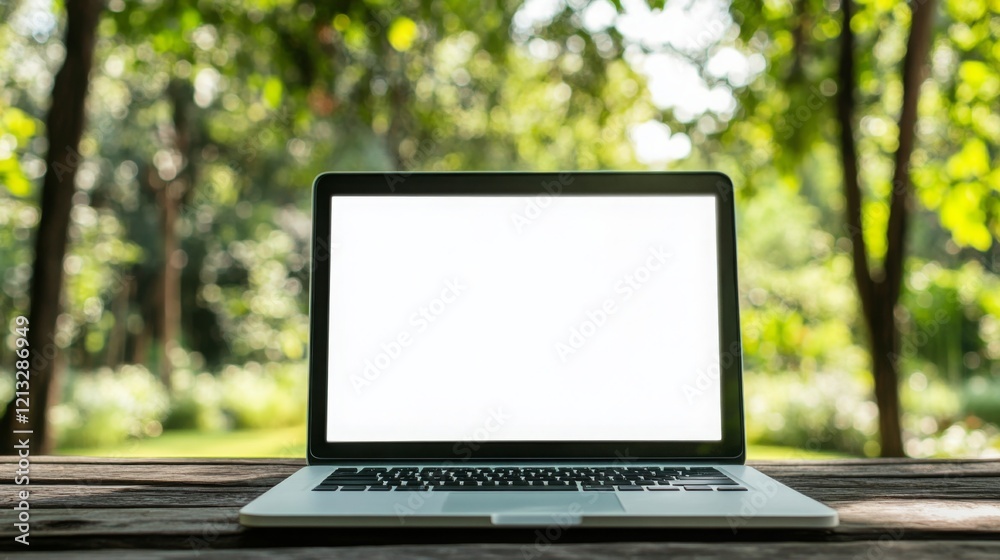 A laptop with a blank screen rests on a rustic wooden table surrounded by lush greenery. Sunlight filters through the trees, creating a peaceful atmosphere perfect for outdoor work or relaxation. A laptop with a blank screen rests on a rustic wooden table surrounded by lush greenery. Sunlight filters through the trees, creating a peaceful atmosphere perfect for outdoor work or relaxation.