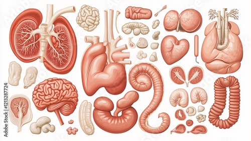 Detailed illustration of human internal organs including liver, heart, brain, and stomach photo