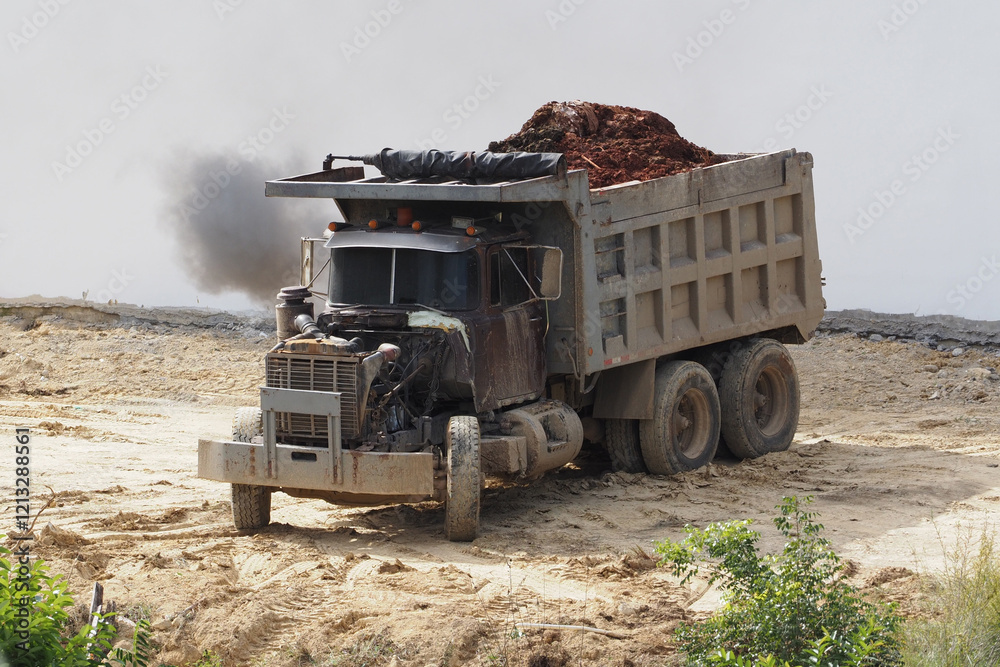 Obraz premium A dump truck loaded with soil is navigating through a construction site, surrounded by raw earth, as smoke billows from its exhaust.