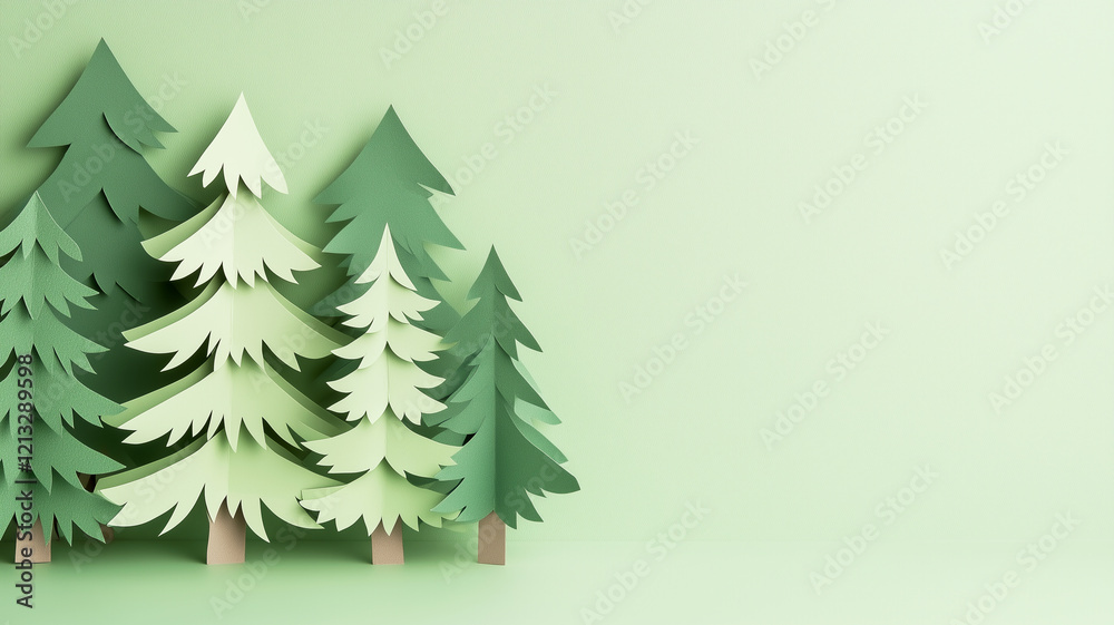 Obraz premium Paper cut coniferous trees in spring forest with copy space, environmental protection concept