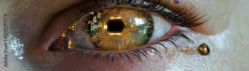 An ultra-realistic cybernetic eye, the iris surrounded by delicate LED circuits, pulsating with life-like precision and technology