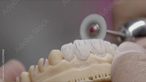Dental Technician Shapes Implant Tooth in Lab Footage.