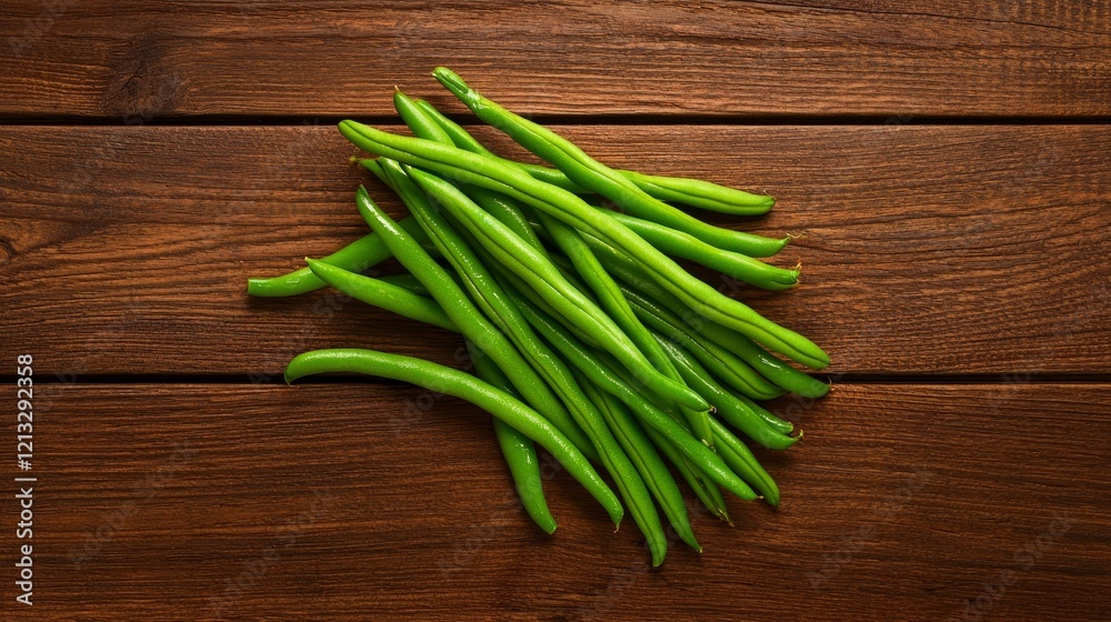 Close-up of fresh green beans on rustic wooden surface, illuminated by soft natural light, emphasizing their texture and vibrant green color, realistic, warm tones Close-up of fresh green beans on rustic wooden surface, illuminated by soft natural light, emphasizing their texture and vibrant green color, realistic, warm tones
