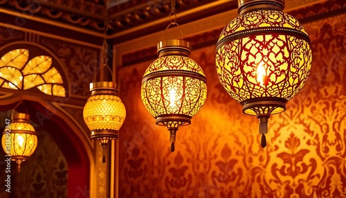 Ornate hanging lamps illuminate a richly decorated room