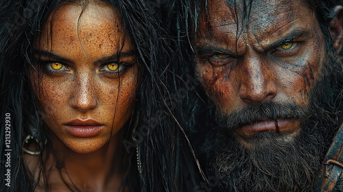 A fierce woman and man with glowing eyes stare intensely