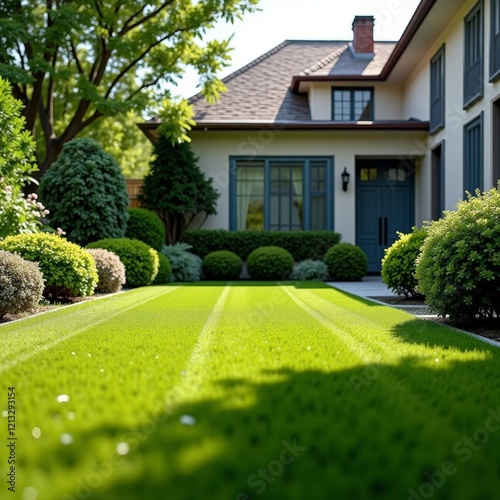 Well-manicured green lawn with trimmed bushes and trees surrounding a house