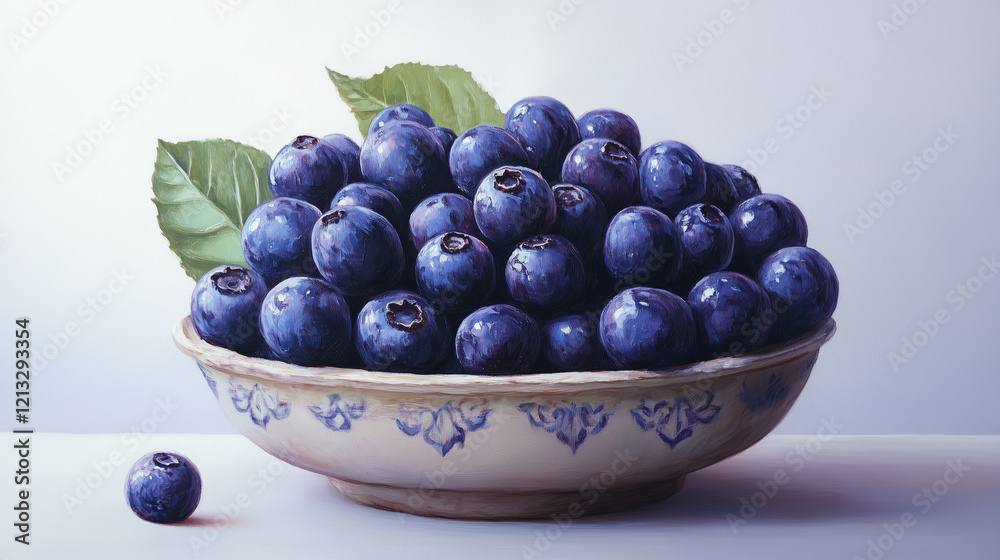 Fresh, plump blueberries in a decorative bowl, showcasing vibrant colors and lush green leaves, perfect for healthy eating and culinary inspiration.