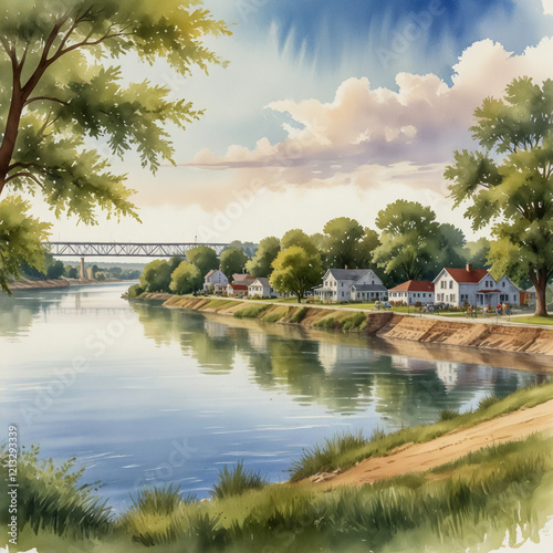 watercolor illustration of Yankton, South Dakota, showcasing its scenic beauty and small-town charm along the Missouri River. photo