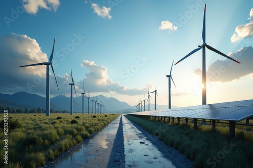 Wind turbines and solar panels in a field, generating clean energy photo