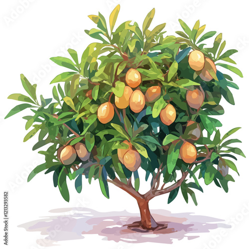 Sapodilla Tree Laden with Fruit | Soft Watercolor Botanical Vector Artwork.  
