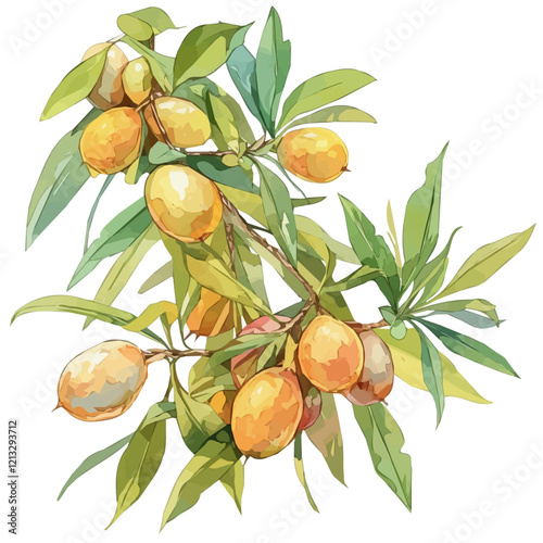Sapodilla Tree Laden with Fruit | Soft Watercolor Botanical Vector Artwork.  
