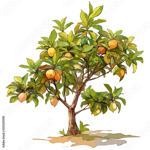 Sapodilla Tree Laden with Fruit | Soft Watercolor Botanical Vector Artwork.  
