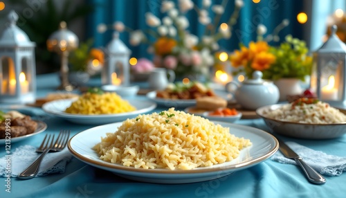 Delicious Ramadan Dinner Table Setting with Aromatic Rice Dishes photo