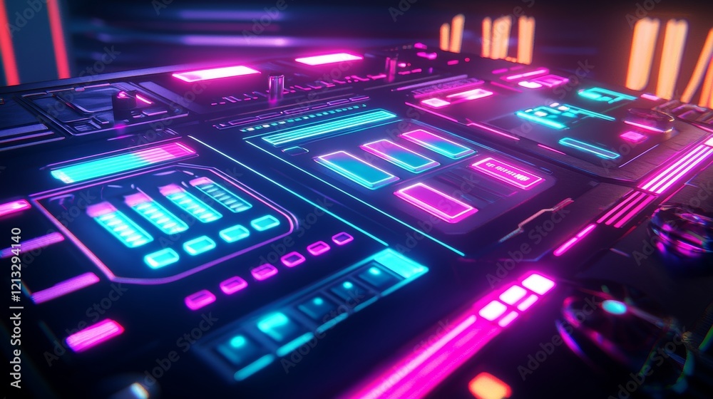 Obraz premium A vibrant holographic color palette rendered as a futuristic digital interface, glowing lines connecting each hue; high-tech neon style, sharp contrast