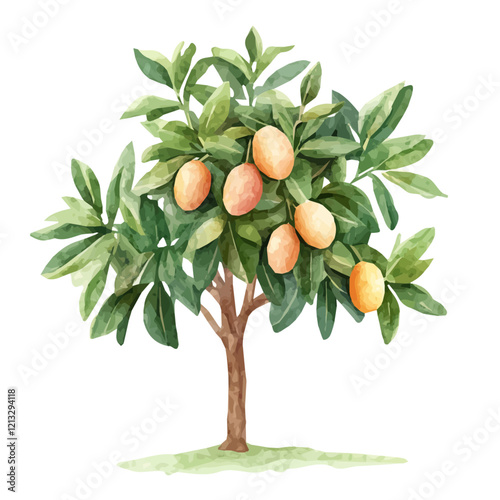 Sapodilla Tree Laden with Fruit | Soft Watercolor Botanical Vector Artwork.  

