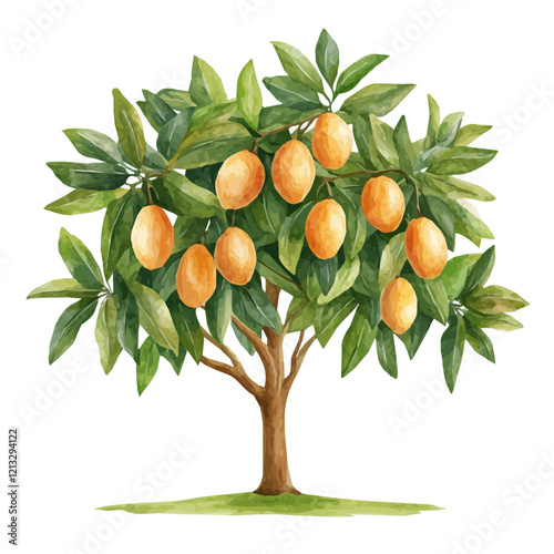 Sapodilla Tree Laden with Fruit | Soft Watercolor Botanical Vector Artwork.  
