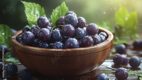 Wallpaper Mural Fresh, dewy blueberries in a rustic wooden bowl, surrounded by vibrant green leaves, perfect for healthy eating and culinary inspiration. Torontodigital.ca