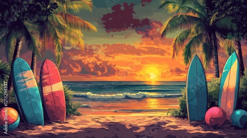 Colorful surfboards on tropical beach at sunset (4)