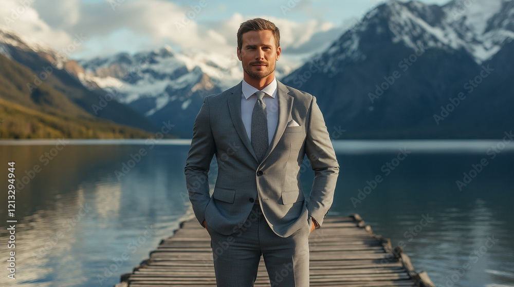 Fototapeta premium Successful man in a gray suit, standing on a wooden pier with a serene lake and snow-capped mountains in the background