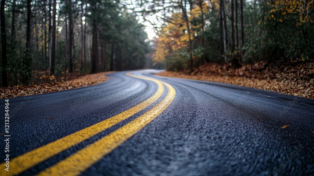 Obraz premium Scenic Winding Road Through Vibrant Autumn Forest with Colorful Foliage in Serene Nature Landscape – Tranquil Fall Season Travel Destination