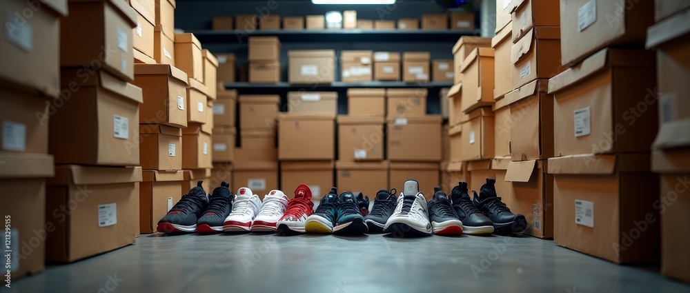A collection of sneakers in a warehouse, showcasing various styles and colors
