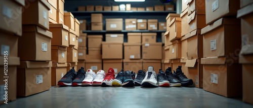Obraz na płótnie A collection of sneakers in a warehouse, showcasing various styles and colors w salonie