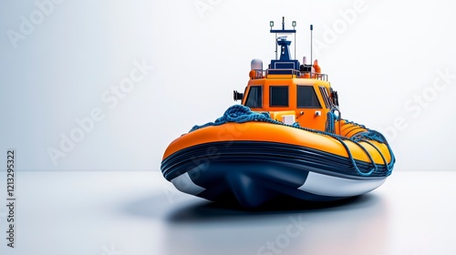 Bright orange rescue boat with ropes, positioned on a clean surface, showcasing maritime safety equipment