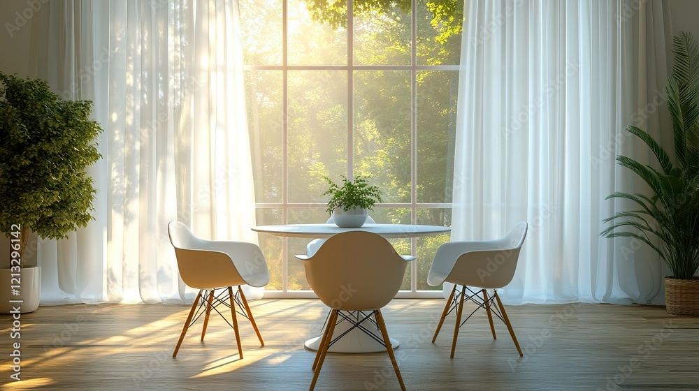 A sleek dining table with minimalist chairs in a contemporary dining room A sleek dining table with minimalist chairs in a contemporary dining room