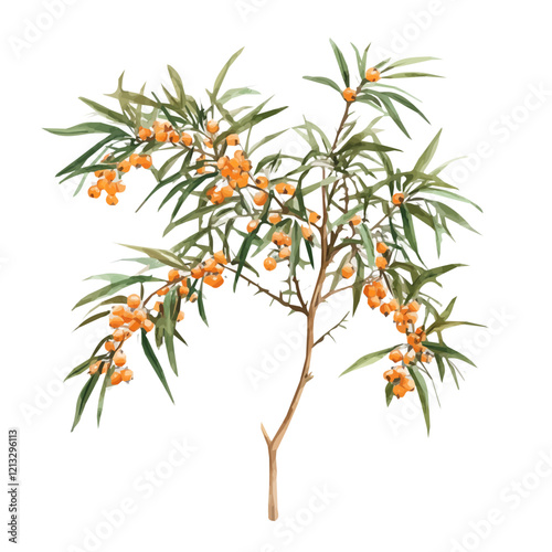 Sea Buckthorn Plant with Fruit | Bright Watercolor Flat Vector Artwork.  

