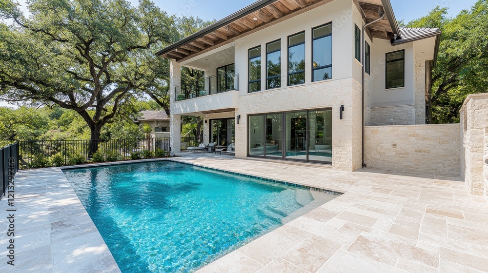 Fototapeta premium Modern luxury house with a sparkling blue swimming pool in a sunny backyard surrounded by green trees.