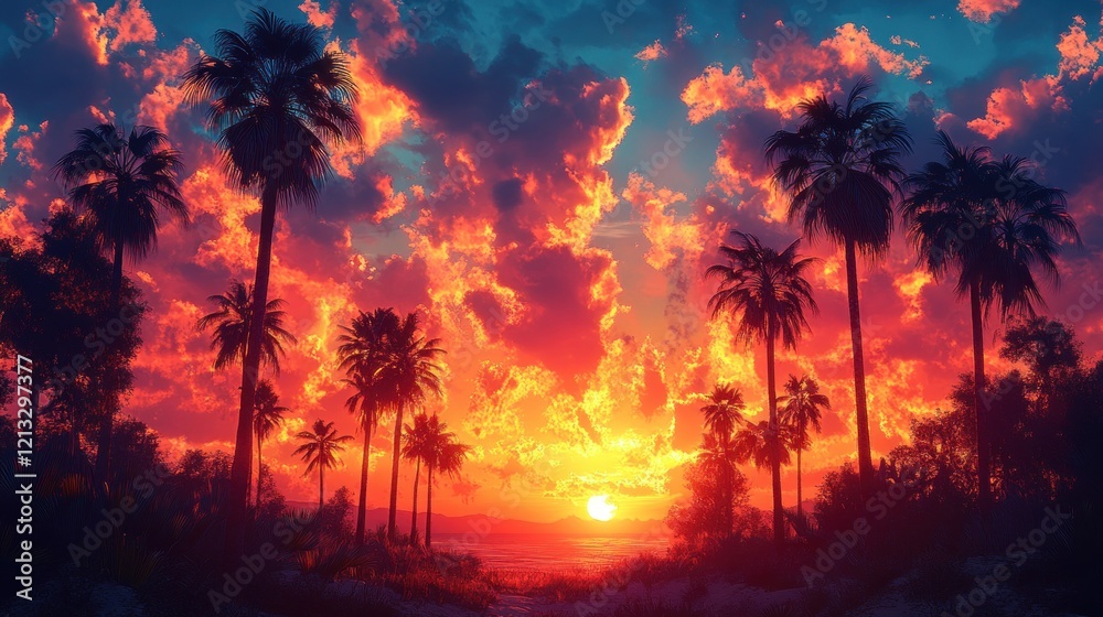 Obraz premium Silhouetted Palm Trees Against Sunset Sky Vibrant Tropical Design