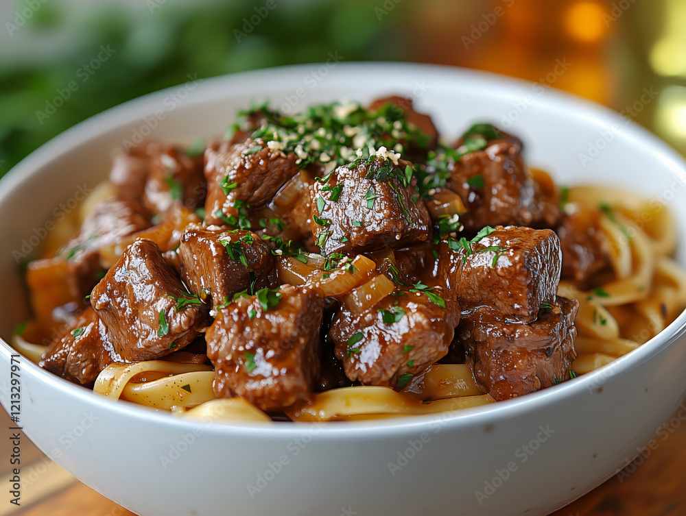 Beef Stew with Pasta in White Bowl Beef Stew with Pasta in White Bowl