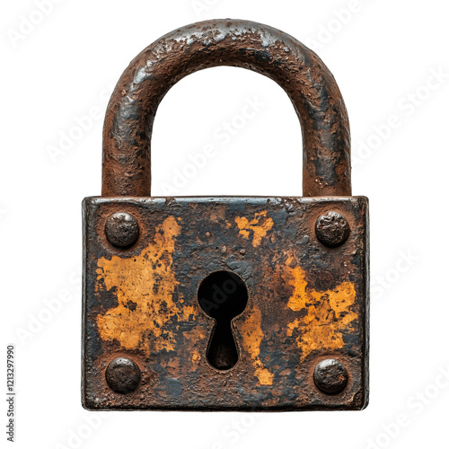 A weathered padlock with an old-fashioned design