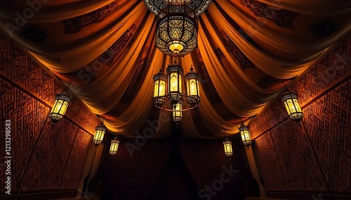 Illuminated Moroccan Lanterns Underneath Draped Fabric Ceiling
