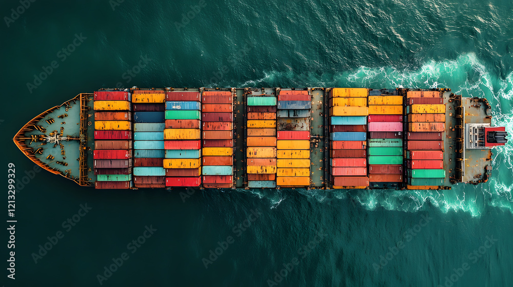 Obraz premium Aerial View of a Cargo Ship Packed with Colorful Shipping Containers on Open Waters