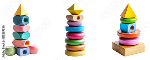 Colorful Wooden Stacking Toys on Transparent Background Display