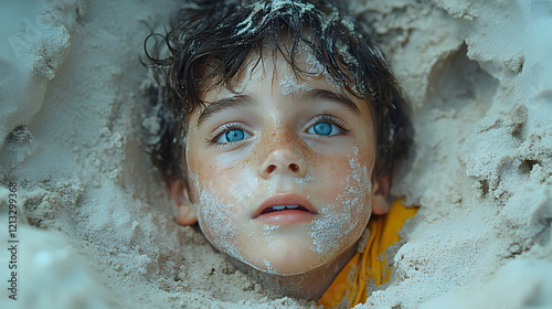 Captivating Boy with Blue Eyes Covered in Sand photo